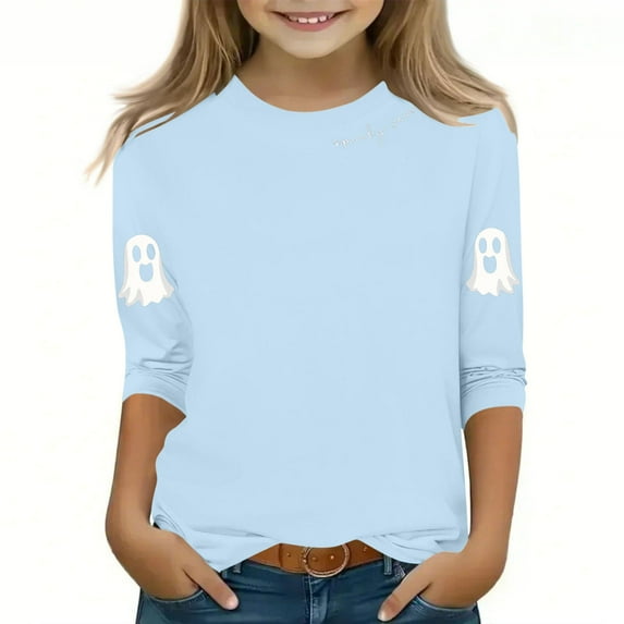 SuTry Children's Halloween Print Tops Three Quarter Sleeve Round Neck Bottom Shirt Top for Kids Festive Outdoor Indoor Blouses(Light Blue,110)