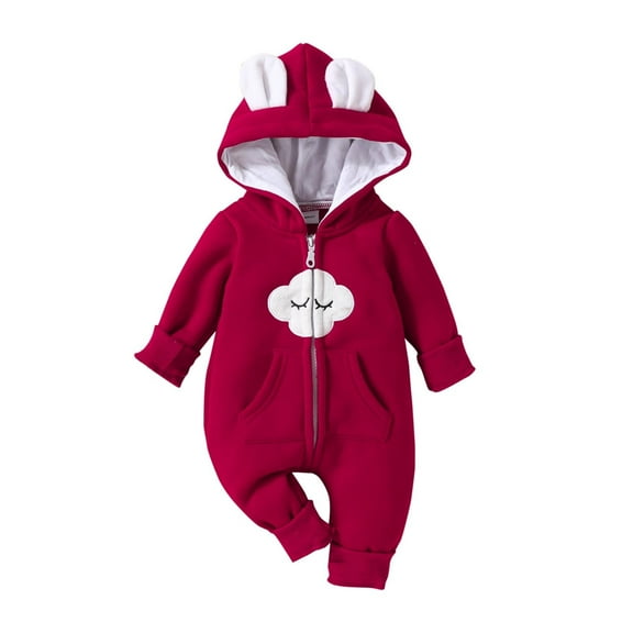 SuTry Children's Printed Long Sleeved Hooded Warm Jumpsuit Crawling Clothes Printed Pattern Adds Personality Suitable for Active Kids(Red,6 Months)