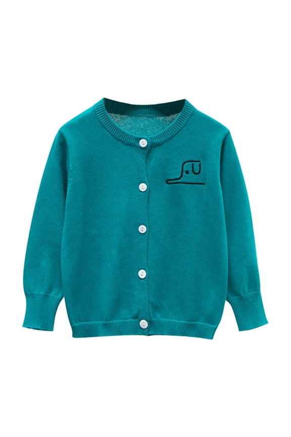 Children's Small Print Cardigan Long Sleeved Fleece Knitted Round Neck Sweater Subtle Warmth for Cold Weather Outings Wear(Green,8-9 Years)