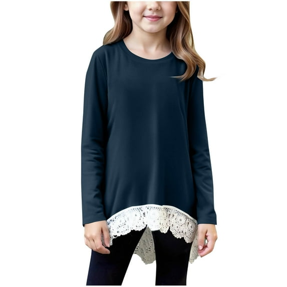 SuTry Children's Solid Color Blouses Lace Hem Casual Sports Long Sleeved Round Neck Tops Fall Winter Warmth Fabric Outdoor Clothes(Navy,8-9Years)