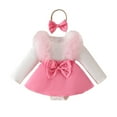 thumbnail image 1 of SuTry Children's Solid Color Dress Casual Fashion Long Sleeved Mesh Bow Pearl Dress with Triangular Splicing Skirt Theme Parties(Pink,0-3 Month), 1 of 8