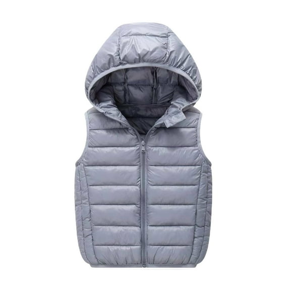 SuTry Children's Solid Color Hooded Zipper Thickened Mid Length Sleeveless Jacket Casual Warm Outerwear Hooded for Head Warmth(Gray#2,12 Years)