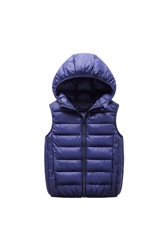 Children's Solid Color Hooded Zipper Thickened Mid Length Sleeveless Jacket Casual Warm Outerwear Hooded for Head Warmth(Navy#2,5 Years)