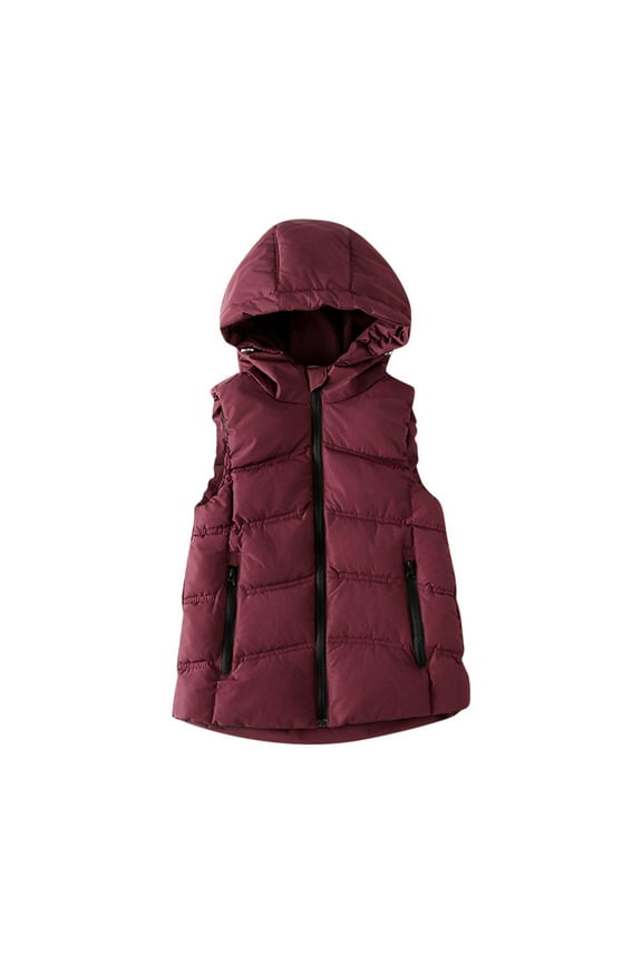 Children's Solid Color Hooded Zipper Thickened Mid Length Sleeveless Jacket Casual Warm Outerwear Hooded for Head Warmth(Red#1,11 Years)