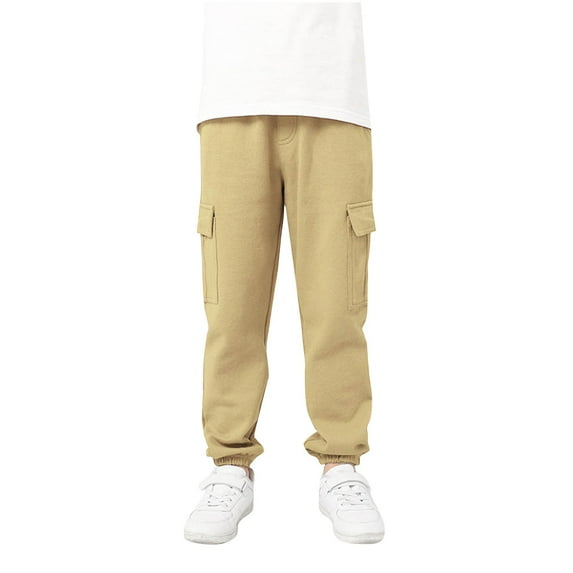 SuTry Children's Solid Color Sports Trousers Spring and Summer Medium Size High Waist Cargo Pants for Boys and Girls(Khaki,7 Years)