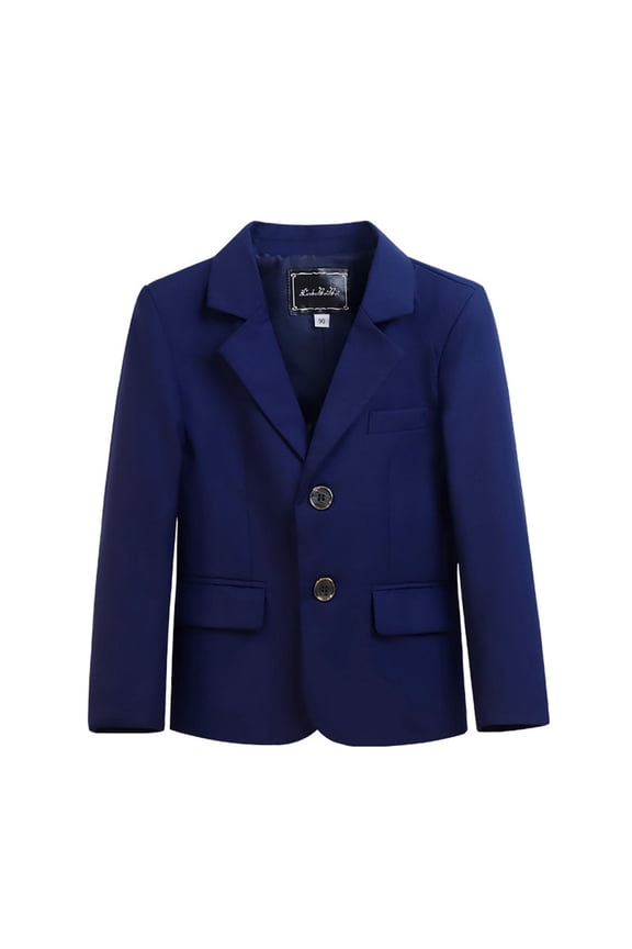 Children's Solid Color Suit Jacket Trendy Label Collar Long Sleeved Slim Fitting Tops Modern Look Formal Party Wearing Clothes(Navy,7-8 Years)
