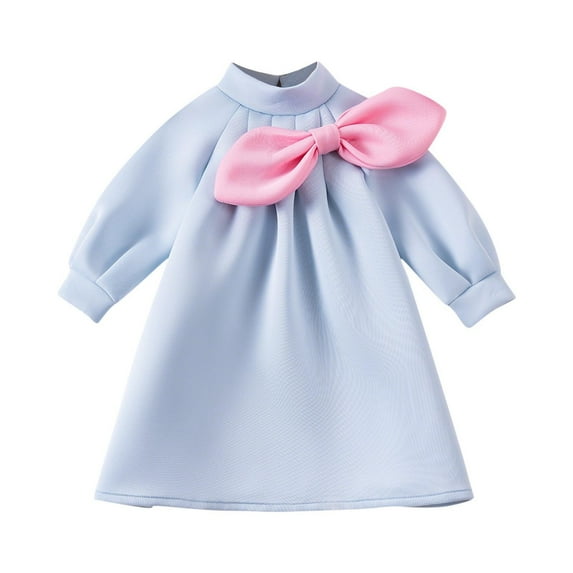 SuTry Children's Trendy Cute Bow Decorated a Line Dress for Toddler Girls Stand - Up Collar Long Sleeves Dress Multiple Color Options(Blue,1 Years)
