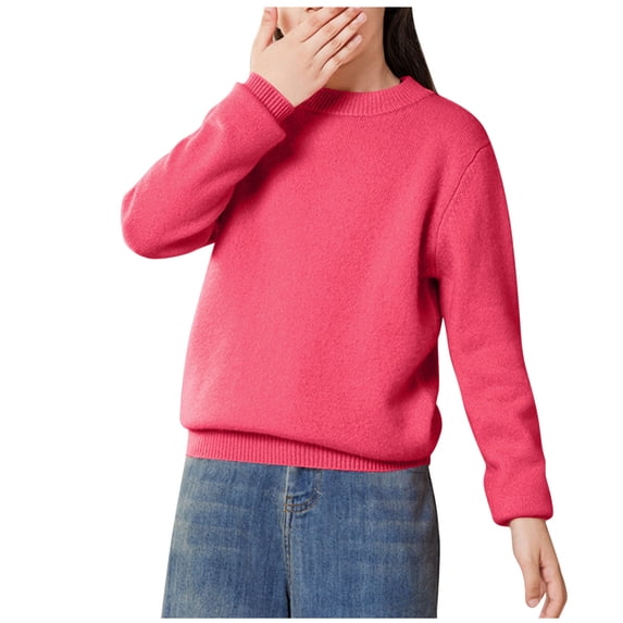 SuTry Children's Winter Solid Color Hoodless Long Sleeved Casual Half High Collar Sweater with Added Velvet Thickening for Winter Wear(Hot Pink,2-3Years)
