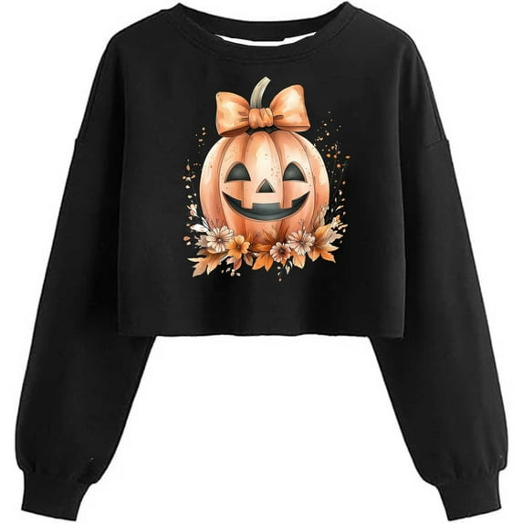 SuTry Crop Sweatshirt for Women Fall Halloween Cropped Sweatshirts Long Sleeve Pullover Spooky Season Graphic Tees Crewneck Tops(Black#2,M)