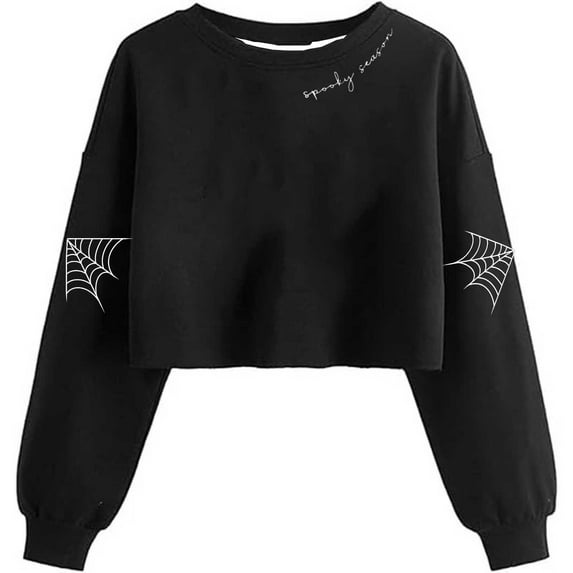 SuTry Crop Sweatshirt for Women Fall Halloween Cropped Sweatshirts Long Sleeve Pullover Spooky Season Graphic Tees Crewneck Tops(Black#3,M)