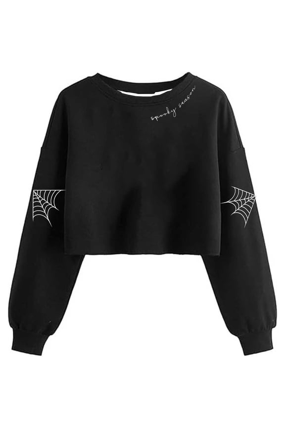 Crop Sweatshirt for Women Fall Halloween Cropped Sweatshirts Long Sleeve Pullover Spooky Season Graphic Tees Crewneck Tops(Black#3,M)