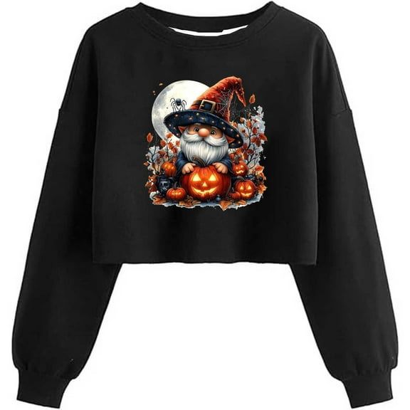 SuTry Crop Sweatshirt for Women Fall Halloween Cropped Sweatshirts Long Sleeve Pullover Spooky Season Graphic Tees Crewneck Tops(Black,L)