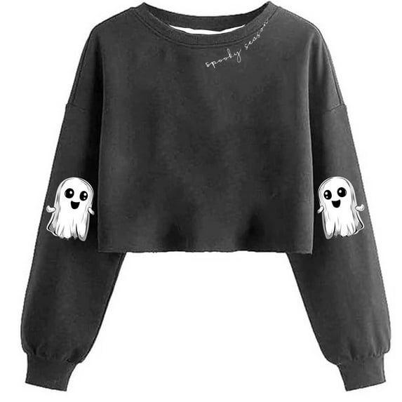 SuTry Crop Sweatshirt for Women Fall Halloween Cropped Sweatshirts Long Sleeve Pullover Spooky Season Graphic Tees Crewneck Tops(Gray#4,XL)