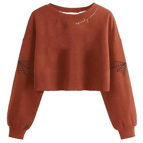 SuTry Crop Sweatshirt for Women Fall Halloween Cropped Sweatshirts Long Sleeve Pullover Spooky Season Graphic Tees Crewneck Tops(Orange#3,2XL)
