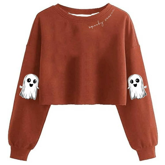 SuTry Crop Sweatshirt for Women Fall Halloween Cropped Sweatshirts Long Sleeve Pullover Spooky Season Graphic Tees Crewneck Tops(Orange#4,2XL)