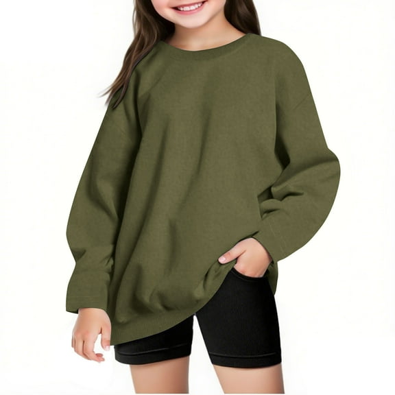 SuTry Fall Winter Children's Tops Fleece Thickened Sweater Warm Long Sleeve Round Neck Outer Wear for Boys and Girls Casual Capless(Army Green#2,13 Years)