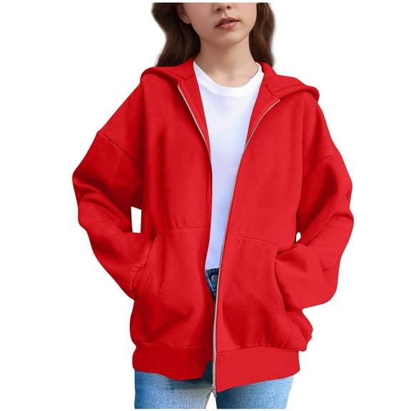 SuTry Fashion Girl Casual Solid Color Hooded Long Sleeve Pocket Top Coat Solid Color for Style Hooded for Head Warmth for Daily Wear(Red#2,120)