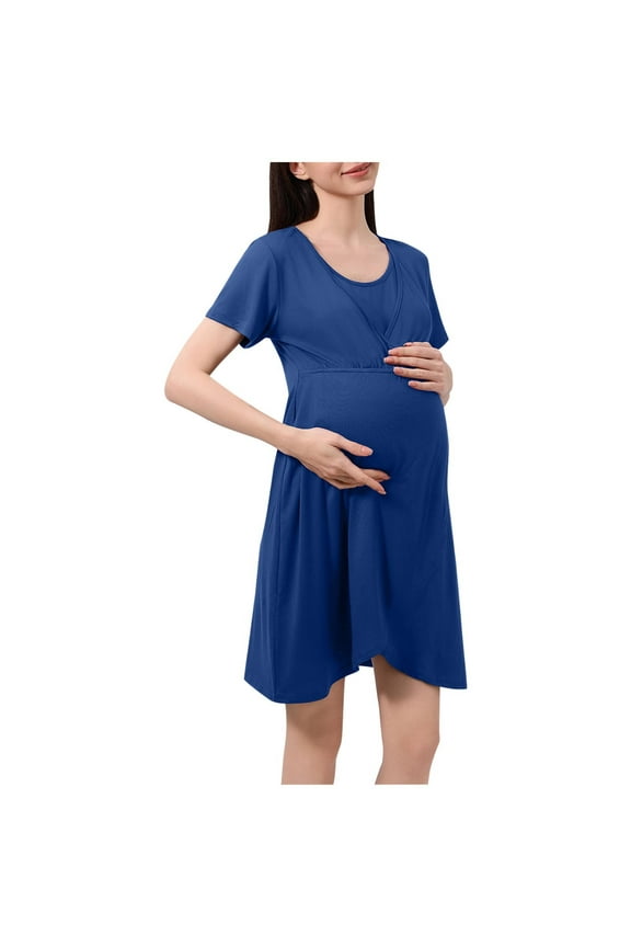 Fashion Pregnant Women's Casual Solid Color Short Sleeve Round-Neck Maternity Dress Style Matches Outfits Warm Weather(Blue,2XL)
