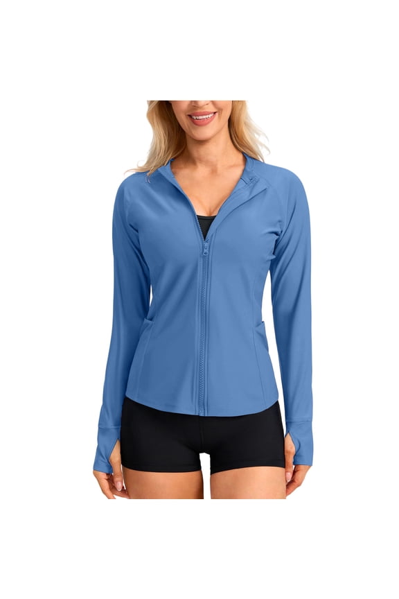 Full Zip Sun Jacket for Women Raglan Sleeves with Side Pockets Thumb Holes UV Protection Lightweight Athletic Workout Jacket