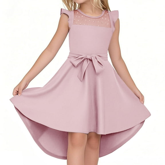 SuTry Girl's A-Line Dress Summer Fall Mesh Party Dress with Belt Pockets Ruffle Sleeves Skirt Suitable for Parties and Outings(Pink,7 Years)