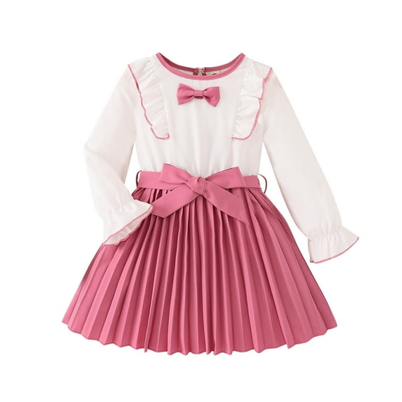 SuTry Girl's Long Sleeve Stretchy A-Line Twirly Skater Dress for School Recital Round Neck Comfy Material Allows Casual Wear(Pink#3,90)