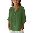 thumbnail image 1 of SuTry Girls 3/4 Sleeve Blouses Linen Button down V Neck Trendy Solid Loose Tops for Mild Weather Linen Material Breathability(Green,9 Years), 1 of 8