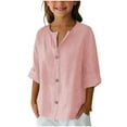 thumbnail image 1 of SuTry Girls 3/4 Sleeve Blouses Linen Button down V Neck Trendy Solid Loose Tops for Mild Weather Linen Material Breathability(Pink,9 Years), 1 of 8