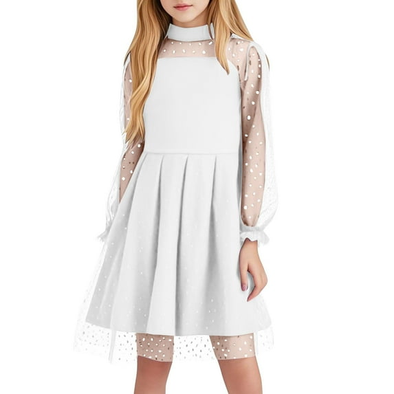 SuTry Girls' A-Line Mesh Dress Trendy Cozy Soft Fabric Long Sleeve Round Neck Skirt Elegant Style for Party Dance Graduation(White,10 Years)