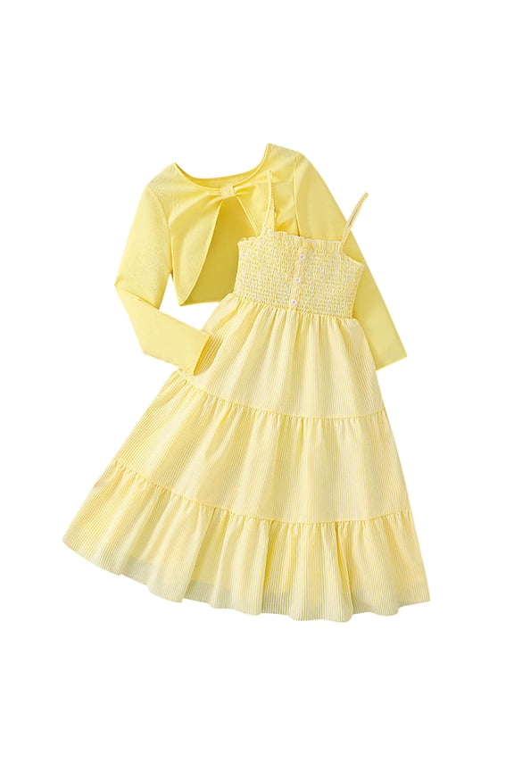 Girls Bow Sundress and Cardigan Set Long Sleeve Dress 2 Piece Outfit Fall Spring Stylish Casual for Kids 8-12 Years(Yellow,11-12 Years)