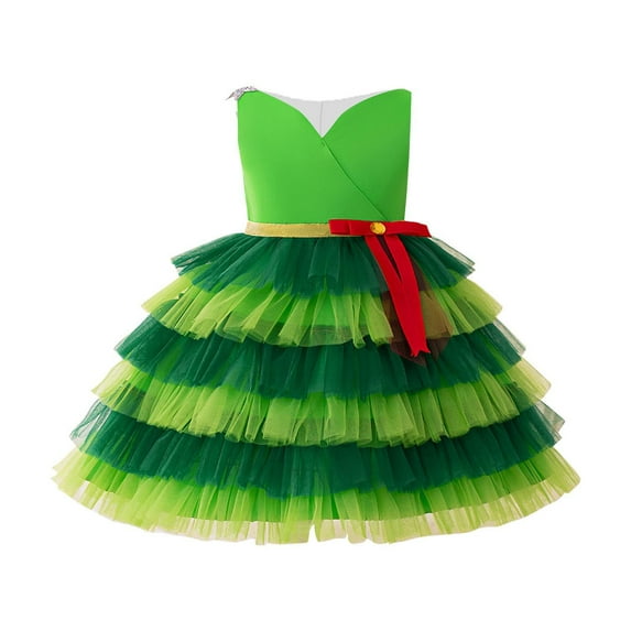 SuTry Girls Christmas Color Blocked Sleeveless V Neck Mesh Cake Dress Dress Holiday Party Performance for Kids 4-9 Years(Green,6 Years)