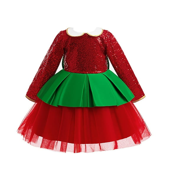 SuTry Girls Christmas Dress Exquisite Sequined Long Sleeved Doll Collar Leaf Makeup Mesh Dress Holiday Party Performance for Kids 4-9 Years(Red#1,5 Years)