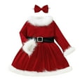 thumbnail image 1 of SuTry Girls Christmas Party Dress Long Sleeve Round Neck Solid Color with Bow Belt and Hairband Set Fall Winter Plush Funny Christmas Clothing for Kids 1-6 Years(Red#2,18 Months), 1 of 9