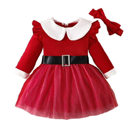SuTry Girls Christmas Plush Princess Dress with Bow Headband and Sash Belt Festive Glitter Party Outfit Set for Kids 1-5 Years(Red#1,18 Months)