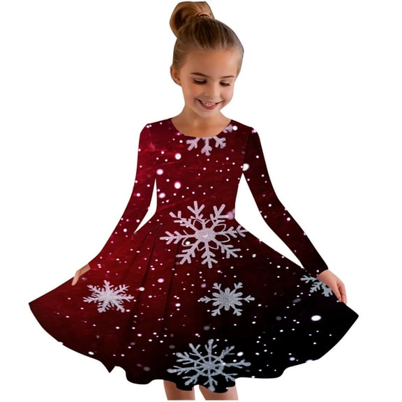 SuTry Girls Christmas Printed Long Sleeve Twirly Skater School Recital Dress Long Sleeve Round Neck Dress for Kids 4-15 Years(Multicolor#1,6-7 Years)