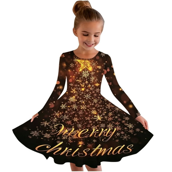 SuTry Girls Christmas Printed Long Sleeve Twirly Skater School Recital Dress Long Sleeve Round Neck Dress for Kids 4-15 Years(Multicolor#1,8-9 Years)