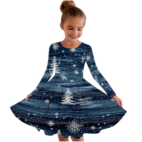 SuTry Girls Christmas Printed Long Sleeve Twirly Skater School Recital Dress Long Sleeve Round Neck Dress for Kids 4-15 Years(Multicolor,14-15 Years)