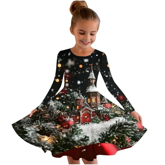 SuTry Girls Christmas Printed Long Sleeve Twirly Skater School Recital Dress Long Sleeve Round Neck Dress for Kids 4-15 Years(Multicolor#2,4-5 Years)
