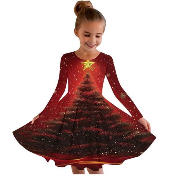 SuTry Girls Christmas Printed Long Sleeve Twirly Skater School Recital Dress Long Sleeve Round Neck Dress for Kids 4-15 Years(Multicolor#2,4-5 Years)