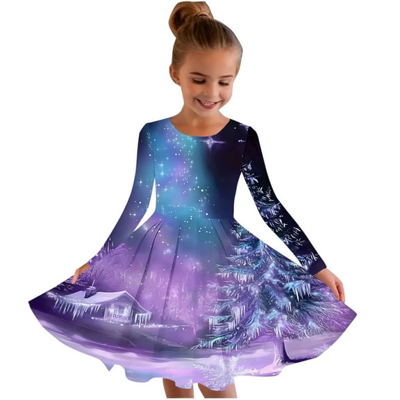 SuTry Girls Christmas Printed Long Sleeve Twirly Skater School Recital Dress Long Sleeve Round Neck Dress for Kids 4-15 Years(Multicolor#2,6-7 Years)