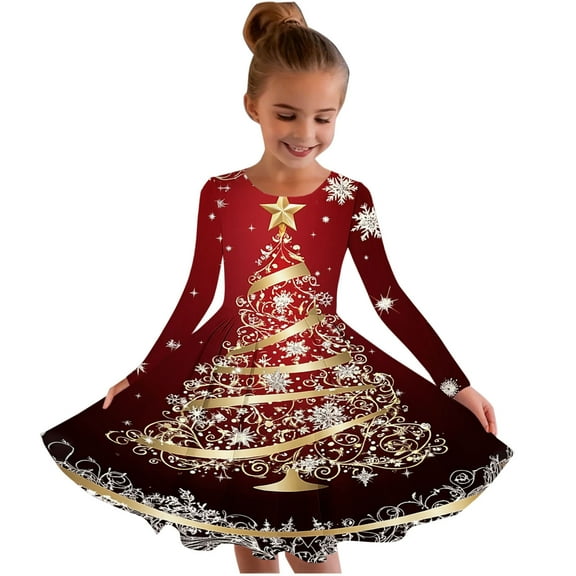 SuTry Girls Christmas Printed Long Sleeve Twirly Skater School Recital Dress Long Sleeve Round Neck Dress for Kids 4-15 Years(Multicolor#3,8-9 Years)