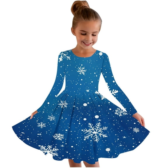SuTry Girls Christmas Printed Long Sleeve Twirly Skater School Recital Dress Long Sleeve Round Neck Dress for Kids 4-15 Years(Multicolor,8-9 Years)