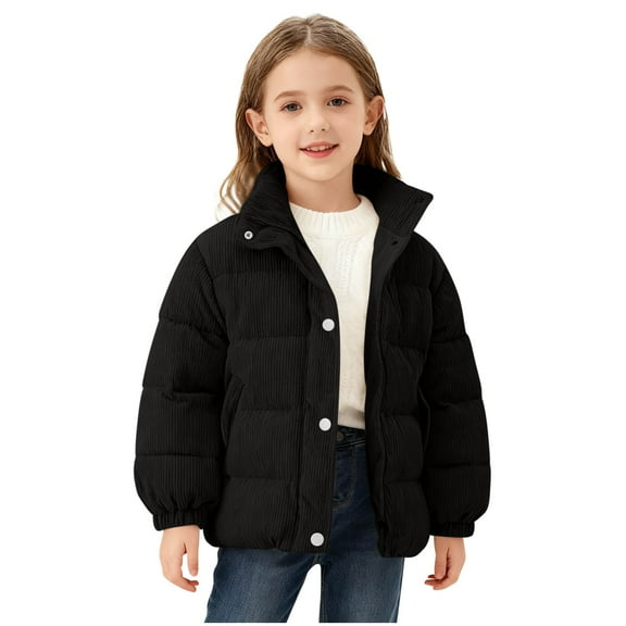 SuTry Girls Corduroy Jacket Stand Collar Pockets Front Zipper Thickened Warm Fall Winter Casual Long Sleeve Outerwear Coat for Kids 1-7 Years (Black,1-2 Years)