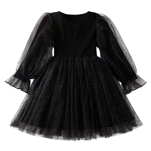 SuTry Girls Dress Solid Color Spring Fall Knit Dress Long Sleeve Round Neck Cozy Warm Holiday Party Skirt for Kids 2-8 Years(Black#1,4 Years)