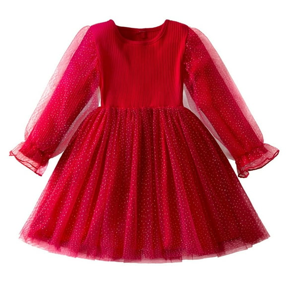 SuTry Girls Dress Solid Color Spring Fall Knit Dress Long Sleeve Round Neck Cozy Warm Holiday Party Skirt for Kids 2-8 Years(Red#1,6 Years)