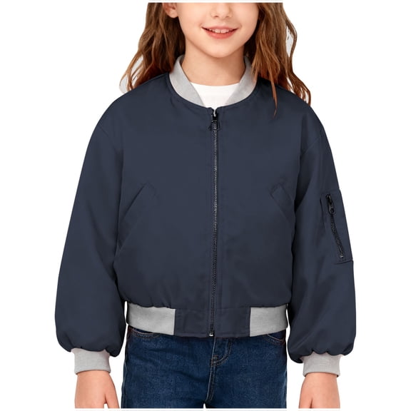 SuTry Girls Fashion Solid Color Jackets Fleece-Lined Winter Jacket Short Hooded Coat with Pockets Warm Outerwear for Kids 4-15 Years(Navy,4-5 Years)