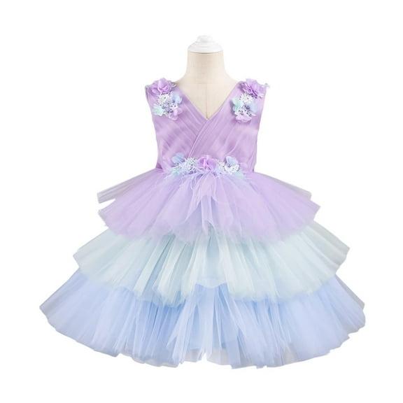 SuTry Girls' Fashionable Splicing Mesh Dress Casual Solid Color Back Zipper Princess Skirt Dress Unique Look for Formal Events(Purple,6 Years)