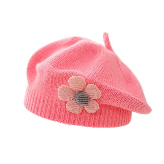 SuTry Girls Floral Knit Beret Cute Embroidery Stretchy Fall Winter Fashion Soft Artist Hat for Kids Toddler Headwear(Watermelon Red,3-48 Months)