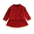 thumbnail image 1 of SuTry Girls Knit Cardigan Skirt Set Button Shirt Bow Solid Color Fall Winter Comfortable Fit 2 Piece Outfit for Kids 1-8 Years(Red,2-3 Years), 1 of 9