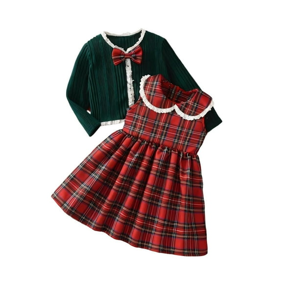 SuTry Girls Knitted Cardigan Sweater and Plaid Dress Set Long Sleeve Bow Christmas Holiday Casual Festive 2 Piece Outfit for Kids 3-8 Years(Green,7-8 Years)
