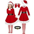 thumbnail image 1 of SuTry Girls Solid Color Christmas Dress Set with Hat Gloves Socks Belt Plush Holiday Party Outfit Funny Christmas Clothing for Kids 3-11 Years(Red,3-4 Years), 1 of 8
